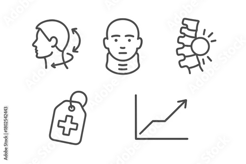 Chiropractic Care Icons. Line style icons of chiropractic care: whiplash and injury recovery, head whip motion symbol, neck brace