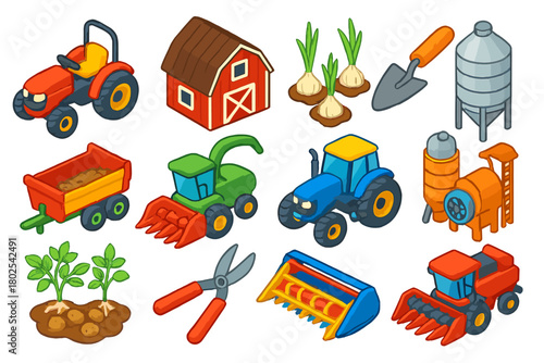 Agriculture Icons Set. Isometric vector illustration set agriculture: compact orchard tractor, rustic barn, garlic plants, trowel,