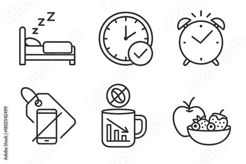 Sleep Therapy Icons. Line style icons of sleep therapy: sleep hygiene, regular bedtime clock, consistent wake time icon, digital