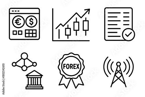 Forex Trading Icons. Line style icons of forex trading: lot size symbol, price action icon, order book view, liquidity provider
