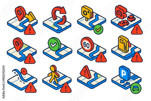 Navigation Alert Icons. Isometric vector illustration set Navigation Alerts: GPS turn alert, rerouting notification, speed camera