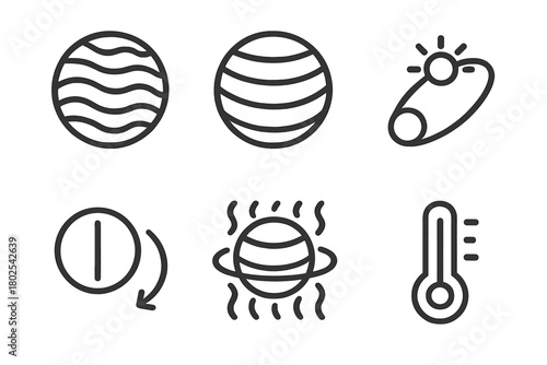Exoplanet Line Icons. Line style icons of exoplanets: hot Jupiter icon, gas giant planet, close star orbit, tidal lock symbol,