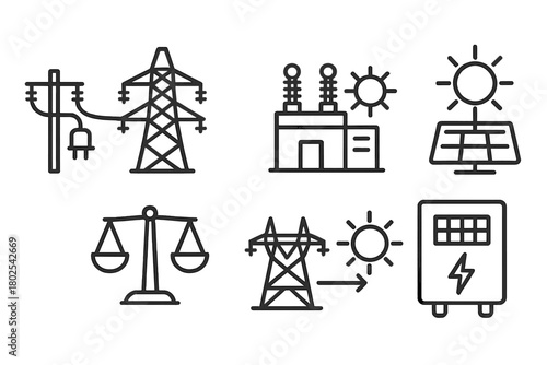 Renewable Energy Icons. Line style icons of renewable energy: power grid connection, transmission tower, substation icon, load
