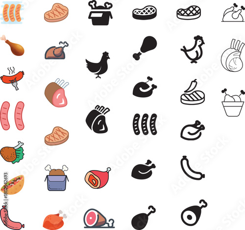 A collection of various meat products including chicken steak sausage and ribs in different styles