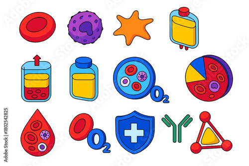 Blood Components Icons. Isometric vector illustration set Blood Components: red blood cell icon, white blood cell icon, platelet