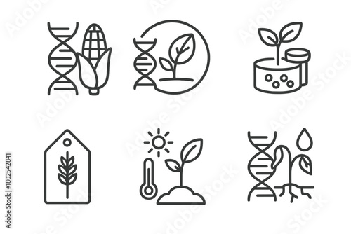 Genetic Engineering Icons. Line style icons of genetic engineering: agricultural biotechnology, crop genome icon, plant tissue