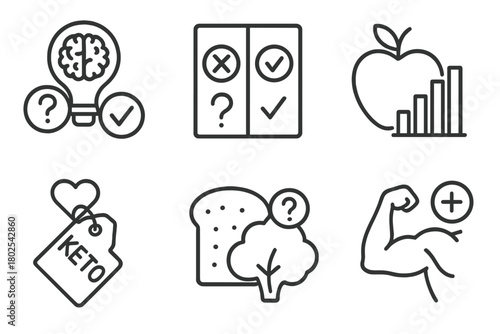 Keto Diet Icons. Line style icons of ketogenic diet: keto myths and facts, myth vs truth icon, sugar in fruit chart, keto and