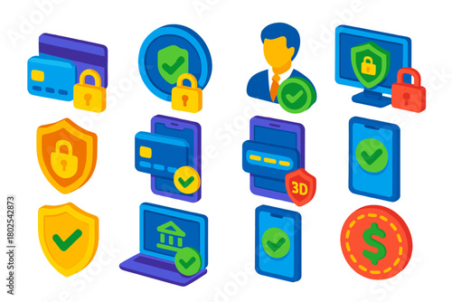 Secure Online Checkout. Isometric vector illustration set Secure Online Checkout: secure payment lock, SSL certificate badge,