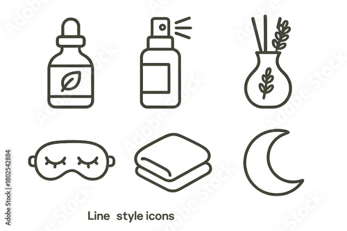 Aromatherapy Sleep Icons. Line style icons of aromatherapy for sleep: dream blend bottle, pillow mist, lavender diffuser, sleep