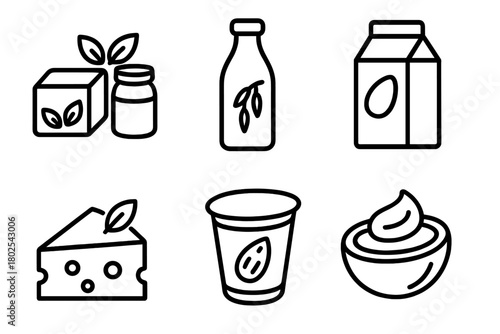 Vegan Dairy Alternatives Icons. Line style icons of vegan diet: dairy alternatives, oat milk bottle, soy milk carton, almond