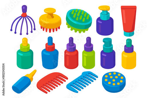 Haircare Tools Collection. Isometric vector illustration set Hairdressing and Grooming Tools: scalp massager, shampoo brush,