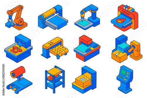 Textile Automation Icons. Isometric vector illustration set Textile Industry Automation: robotic arm, automated fabric cutter,