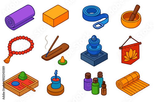 Wellness Essentials Icons. Isometric vector illustration set Wellness, Relaxation, and Beauty Essentials: meditation mat, yoga