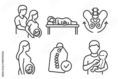 Chiropractic Care Icons. Line style icons of chiropractic care: pregnancy chiropractic, pregnant woman on table, pelvic balance