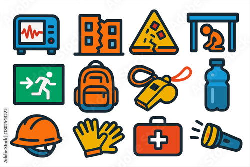 Earthquake Safety Icons. Isometric vector illustration set Earthquake Emergency: seismograph icon, cracked building, falling