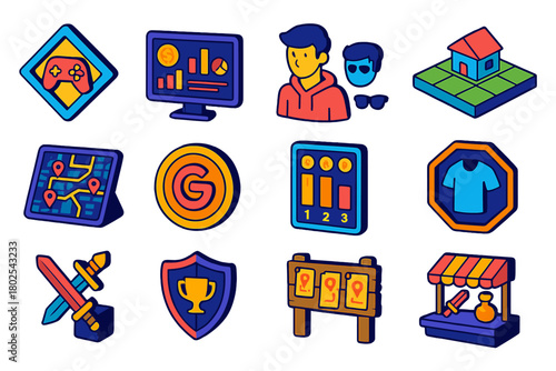 Blockchain Gaming Icons. Isometric vector illustration set Blockchain Gaming and Metaverse: in-game NFT icon, play-to-earn