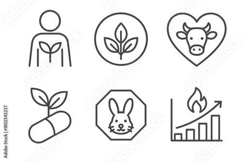 Vegan Lifestyle Icons. Line style icons of vegan diet: plant-based lifestyle, ethical vegan symbol, animal compassion heart, plant