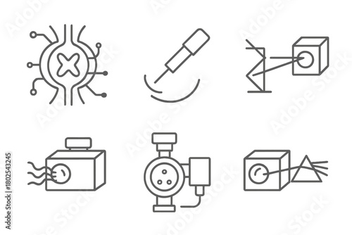 Nuclear Fusion Icons. Line style icons of nuclear fusion: plasma diagnostics, Langmuir probe, interferometer setup, x-ray camera,