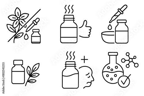 Aromatherapy Icon Insights. Line style icons of aromatherapy myths vs facts: "natural is always safe" myth, "stronger scent =