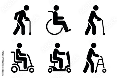 A collection of icons depicting people with mobility challenges and assistive devices.