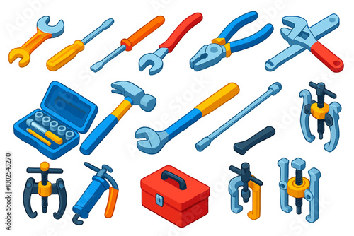 Colorful Mechanics Tools. Isometric vector illustration set Mechanics Tools: wrench, screwdriver, pliers, adjustable spanner,