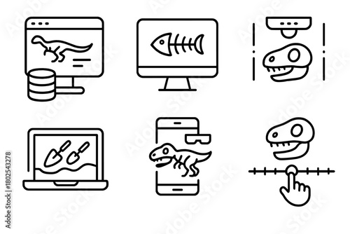 Paleontology Line Icons. Line style icons of paleontology: fossil database, digital specimen icon, 3D scan icon, virtual dig site,