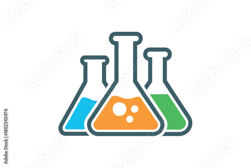 Three colorful laboratory flasks with liquid are arranged in a science experiment.