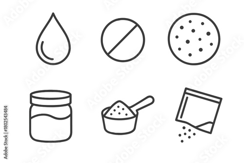 Homeopathic Icons Collection. Line style icons of homeopathic forms: liquid drop, dry pill, soft globule, paste in jar, powder