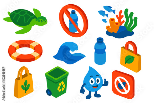 Plastic-Free Ocean Icons. Isometric vector illustration set Plastic-Free Ocean Campaign: turtle swimming freely, no plastic bottle