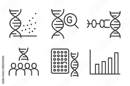 Genetic Engineering Icons. Line style icons of genetic engineering: genome-wide association, SNP icon, genetic linkage map,