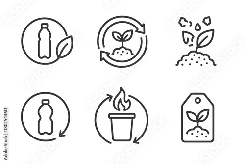 Biodegradable Plastics Icons. Line style icons of biodegradable plastics: waste-to-resource cycle, compost arrow loop, broken-down