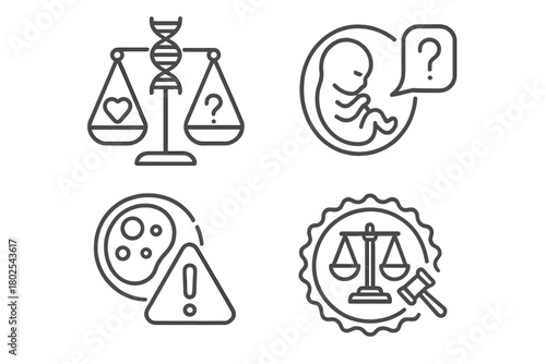 Stem Cell Ethics Icons. Line style icons of stem cell research: ethical issues icon, balance scale and DNA, moral dilemma symbol,