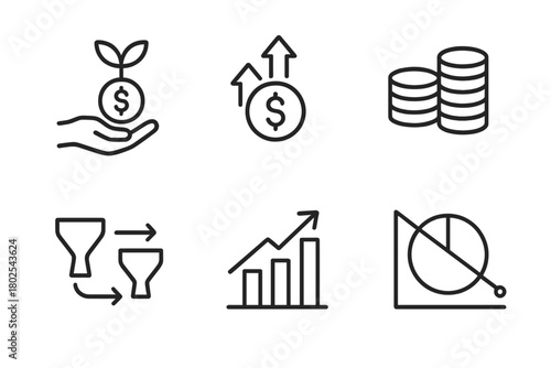 Private Equity Icons. Line style icons of private equity: seed funding, series A icon, series B funding, venture-to-PE pipeline,