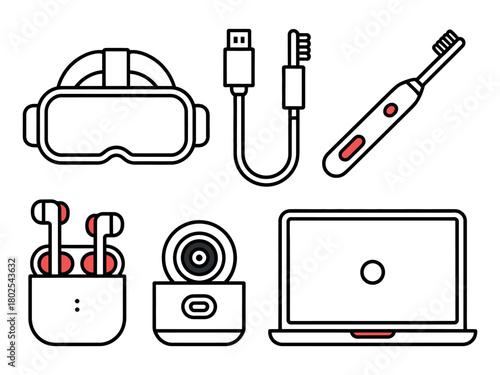 A virtual reality headset, charging cable, electric toothbrush, wireless earbuds, webcam, and laptop are arranged on a white background.