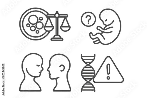 Stem Cell Ethics Icons. Line style icons of stem cell research: ethical issues icon, balance scale and DNA, moral dilemma symbol,