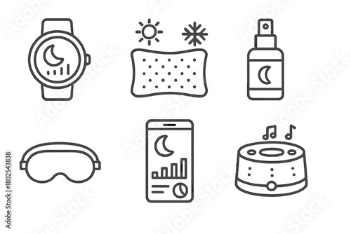 Sleep Tools Icons. Line style icons of Sleep Optimization Tools: sleep tracking watch, temperature-regulating pillow, melatonin