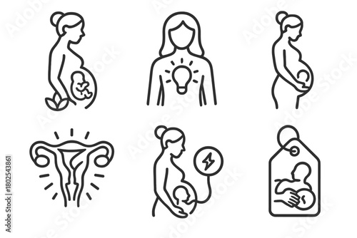 Holistic Healing Icons. Line style icons of holistic healing: holistic pregnancy, mother with light icon, prenatal energy symbol,