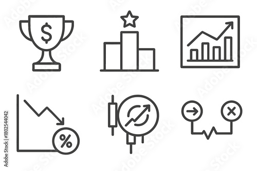 Forex Trading Icons. Line style icons of forex trading: forex trading trophy, ranking ladder, performance metrics icon, profit