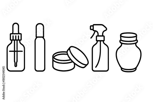 Aromatherapy Container Icons. Line style icons of aromatherapy containers: glass dropper bottle, roller bottle, tin container,