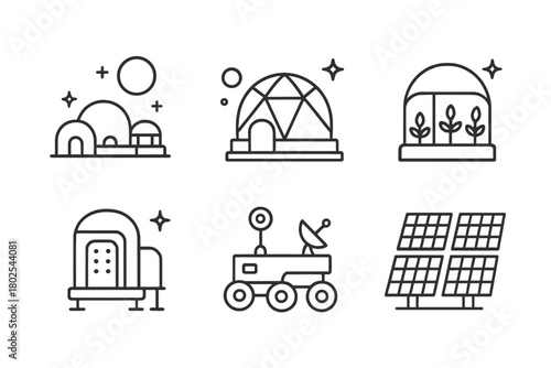 Space Colony Icons. Line style icons of space exploration: Mars colony concept, dome habitat, greenhouse module, airlock shelter,