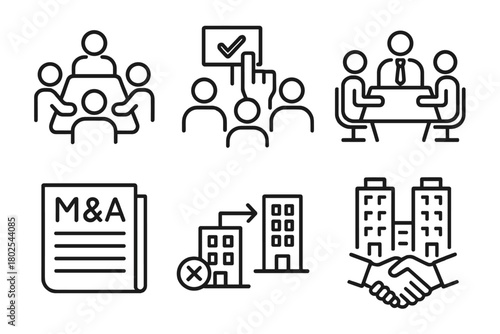 Mergers & Acquisitions Icons. Line style icons of mergers & acquisitions: board of directors icon, shareholder vote, executive