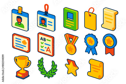 Colorful Academic Icons. Isometric vector illustration set Education: student ID card, name badge, library card, hall pass, exam