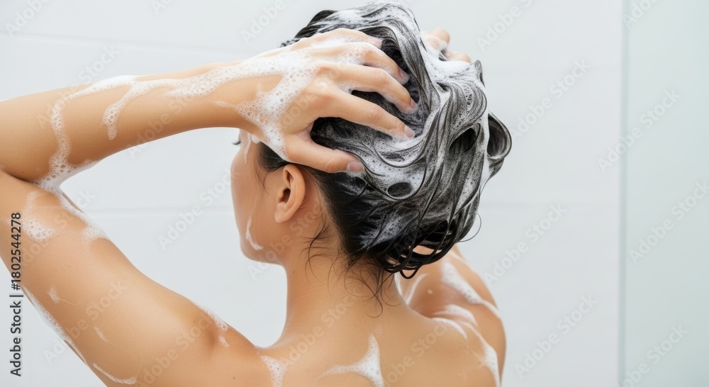 Naklejka premium Asian female adult washing hair in shower with shampoo lather