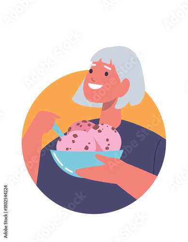 Elderly woman eating ice-cream dessert