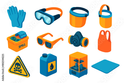Resin Printing Safety Icons. Isometric vector illustration set Resin 3D Printing Tools: resin bottle, resin vat, build platform,