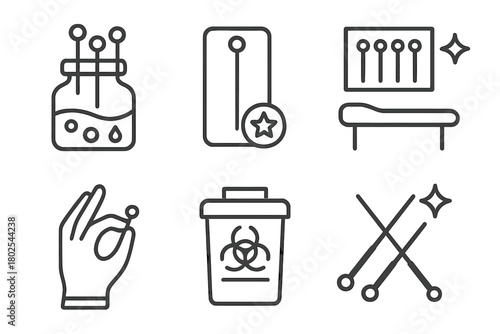 Acupuncture Safety Icons. Line style icons of acupuncture: needle safety and hygiene, sterilized pack icon, clean room setup,