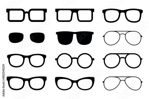 A collection of diverse eyeglass frames are displayed in a grid pattern.