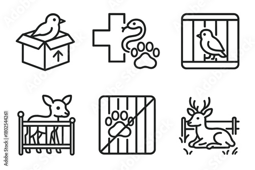 Wildlife Facility Icons. Line style icons of Wildlife Facility Zones: intake room, medical wing, isolation area, nursery zone,