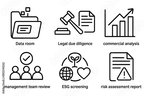 Private Equity Icons. Line style icons of private equity: data room folder, legal due diligence, commercial analysis, management