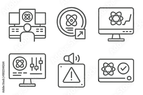 Nuclear Fusion Control Icons. Line style icons of nuclear fusion: control room icon, fusion reactor dashboard, monitoring screen,